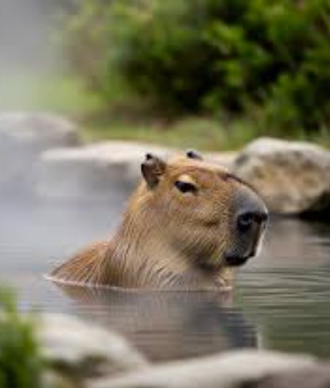 A capybara peacefully coexisting with various bird species